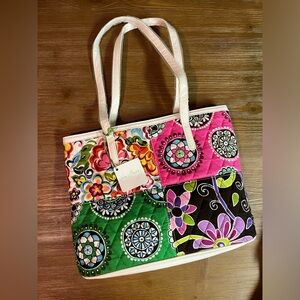 Vintage Vera Bradley color block tote with faux leather trim